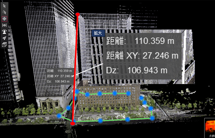 ある器械点からビル上部まで約110ｍの距離が計測出来ていることが分かる。