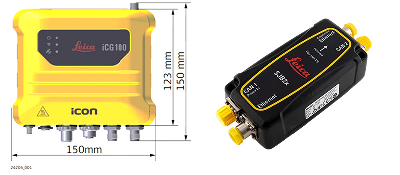 iCON site excavator用に設計されたGNSS受信機「Leica iCON iCG100 」（左）。 スマートジャンクションボックス「SJB2x」（右）内でバケット、アーム、ブーム、車体傾斜の各センサからの情報で2D値を計算する。