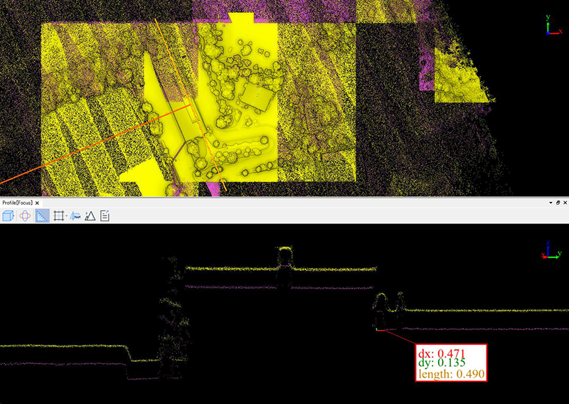 Fig.27　断面③拡大1　画面中央の屋根上の突起物（幅約0.8ｍ）は同等だが、右側の幅約0.5ｍの設備機器は形状の再現性に差が出ている。