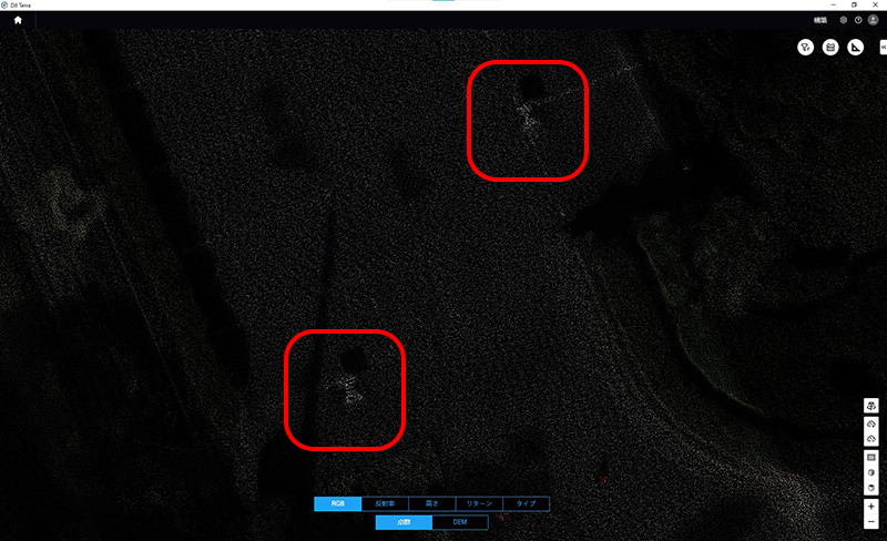 Fig.35　対空標識の識別に関しては、断面方向だけでなく平面的に見ても違いは一目瞭然である。L1のRGB表示だと対空標識と認識は出来るが、反射強度表示にすると、、、