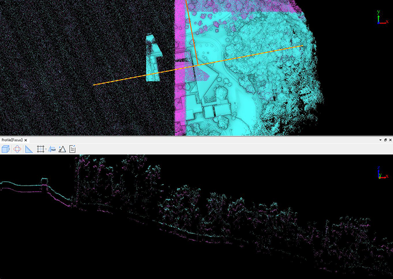 Fig.48　断面⑪拡大3　  森林部の地表面はL2非反復モード点群データが明らかに多くの地表面を取得しているが分かる。