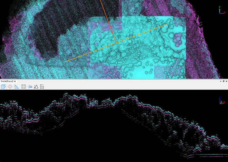 Fig.60　断面⑮拡大1　明らかに非反復モードの点群データの方が多くの地表面を拾っている。