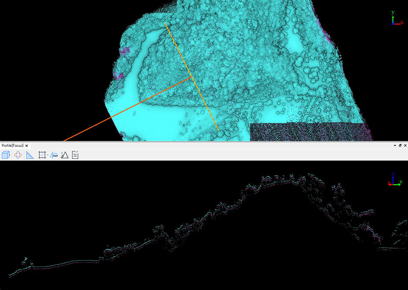 Fig.62　断面⑯　こちらの断面においても非反復モードデータの方が明らかに多くの地表面を拾っているのが分かる。