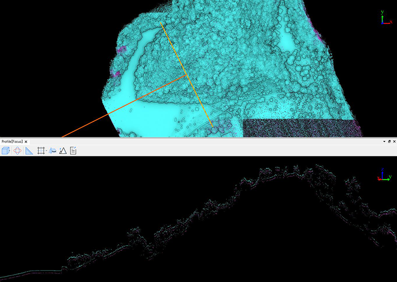 Fig.63　断面⑯拡大1　こちらの断面においても非反復モード点群データの方が明らかに多くの地表面を拾っているのが分かる。