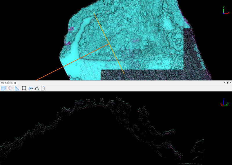 Fig.64　断面⑯拡大2　こちらの断面においても非反復モード点群データの方が明らかに多くの地表面を拾っているのが分かる。