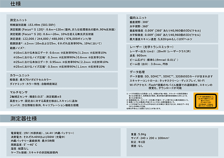 FARO 3Dレーザースキャナー「Focus3D S120」 主な仕様