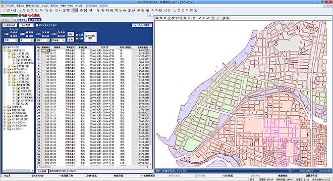 福井コンピュータ製測量計算CADシステム「BLUETREND XA2016」特徴 座標・地番：膨大な数の座標・地番・情報データを効率よく管理