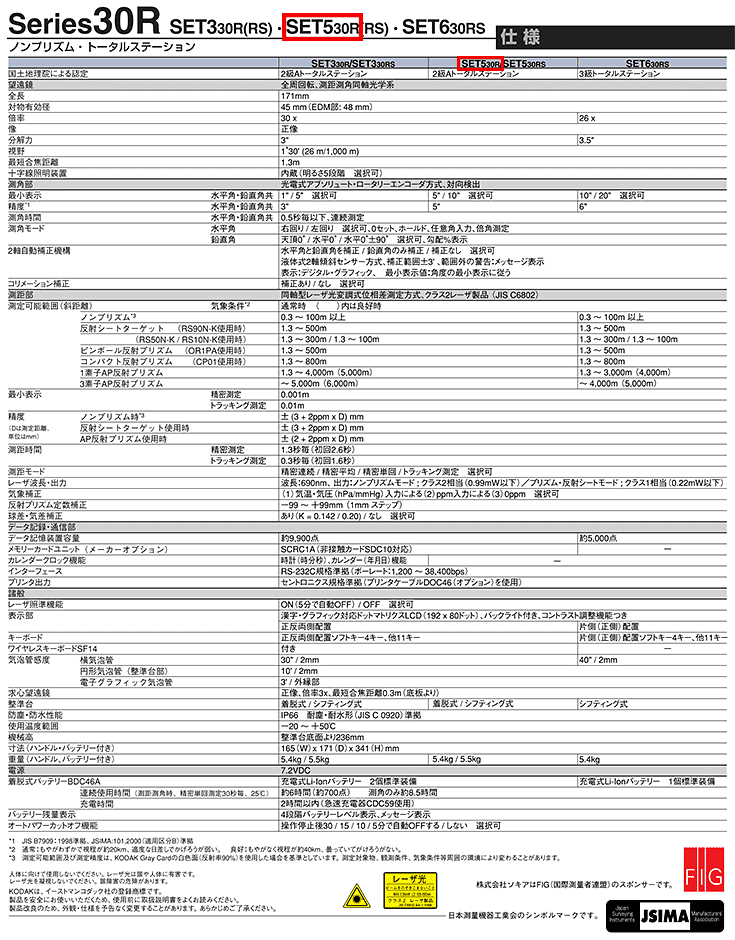 ソキア ノンプリズムトータルステーション SET530R 仕様