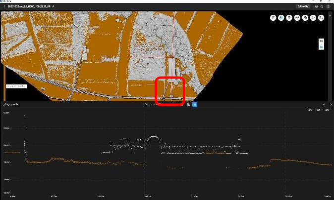 Fig.43 Zenmuse L3高度50m断面④ 上図赤枠拡大 筒状のオブジェクトの形状がよりハッキリと再現されている