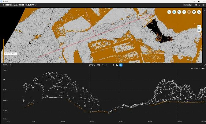 Fig.70 Zenmuse L3高度100m断面⑩ 拡大  地形部の差はないが、植生部の点群量は確実に多い