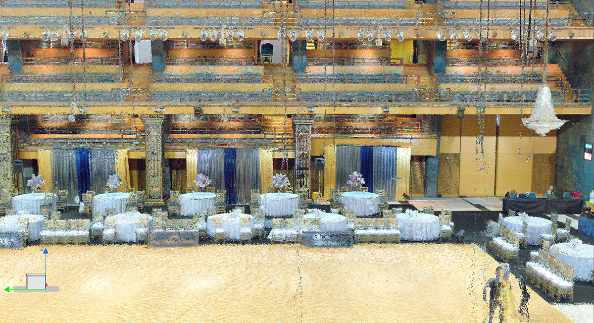 ②VLX3で取得した点群データ。 2～4階席の座席を割り出すには十分な点群量です。